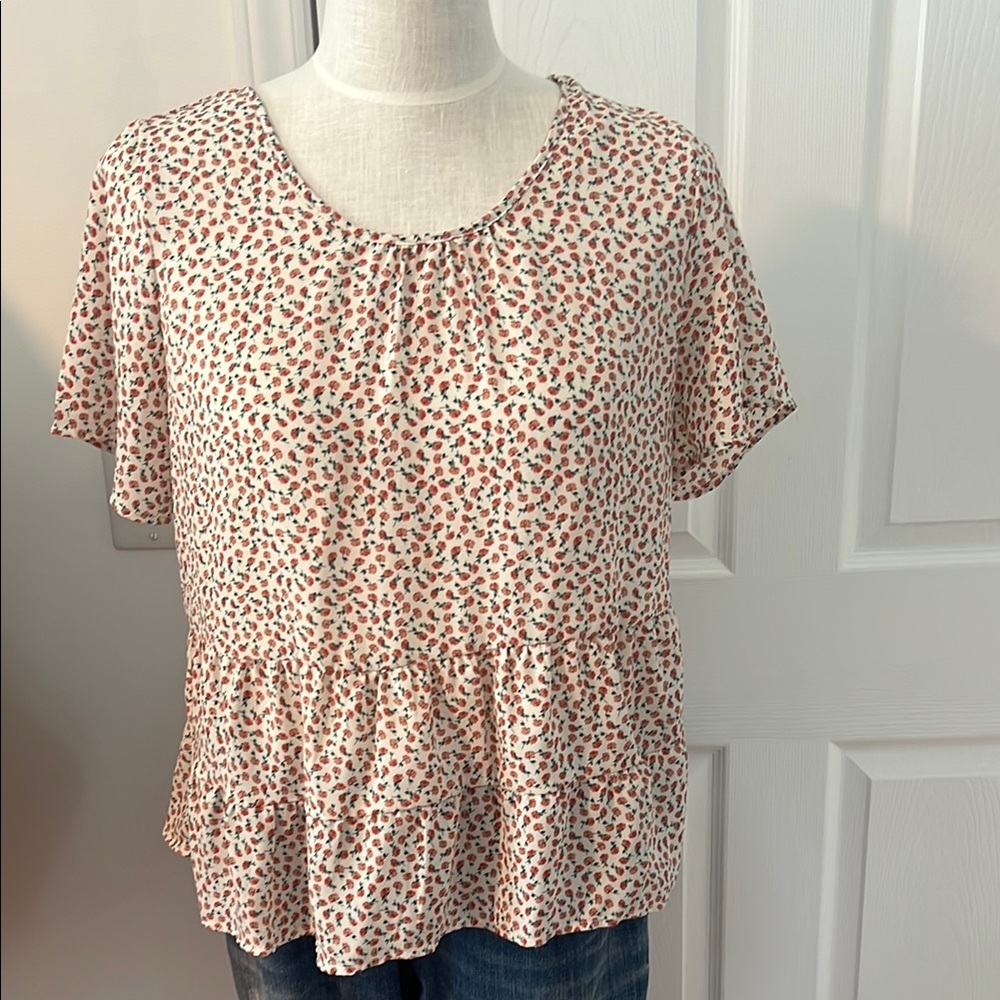 Babydoll Airy Ruffle Hem Blouse in Red Floral Print